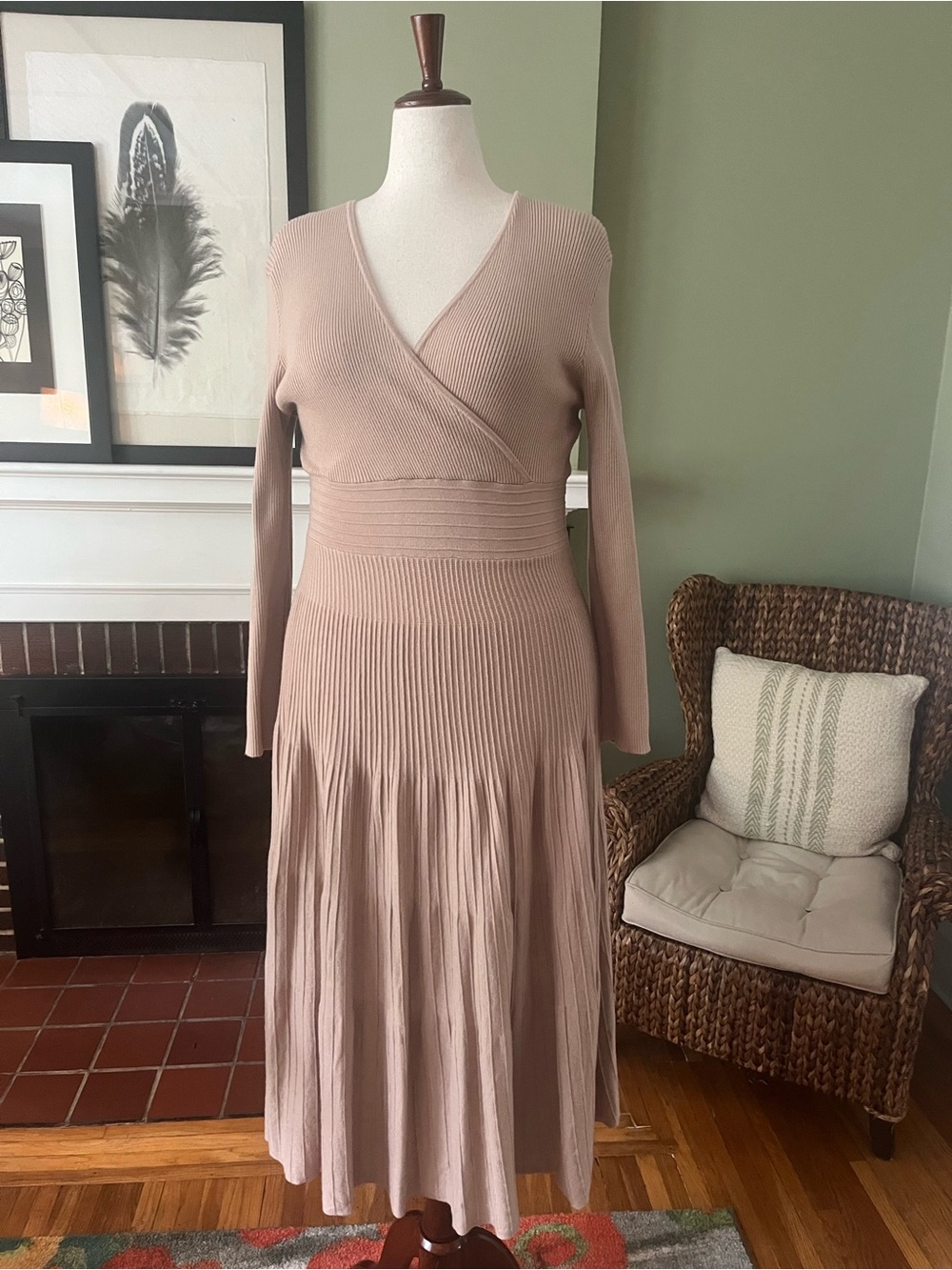 Soft Beige Ribbed Knit Fit & Flare Maxi Sweater Dress | XL